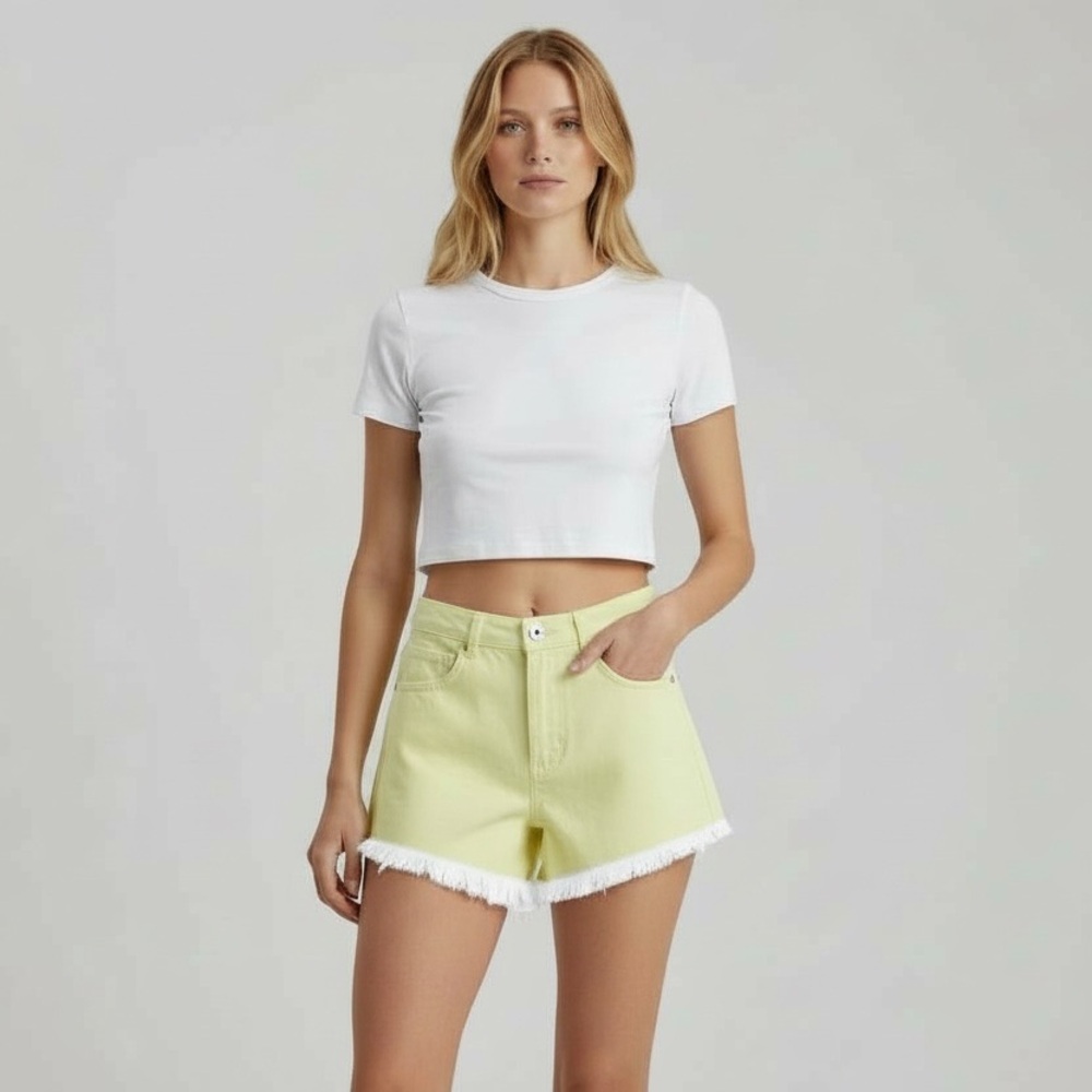 Zara Denim Shorts Frayed Hem High‎ Waist Yellow Summer Casual Size 4